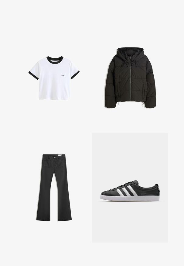 Černá prošívaná bunda s kapucí, která má přední zip, stahovací šňůrky a boční kapsy. Prošívaná textura s krátkým střihem.; Bílé tričko s krátkým rukávem s černým žebrovaným límečkem a manžetami. Na přední straně se nachází malé tištěné logo "self.".; Černé rozšířené džíny vyrobené z jemného džínsového materiálu, se dvěma zadními kapsami a zapínáním na knoflík v pase.; Černé kožené tenisky s bílým trojitým pruhovaným designem, kulatou špičkou, plochou bílou gumovou podrážkou a značkovým detailem na boku.