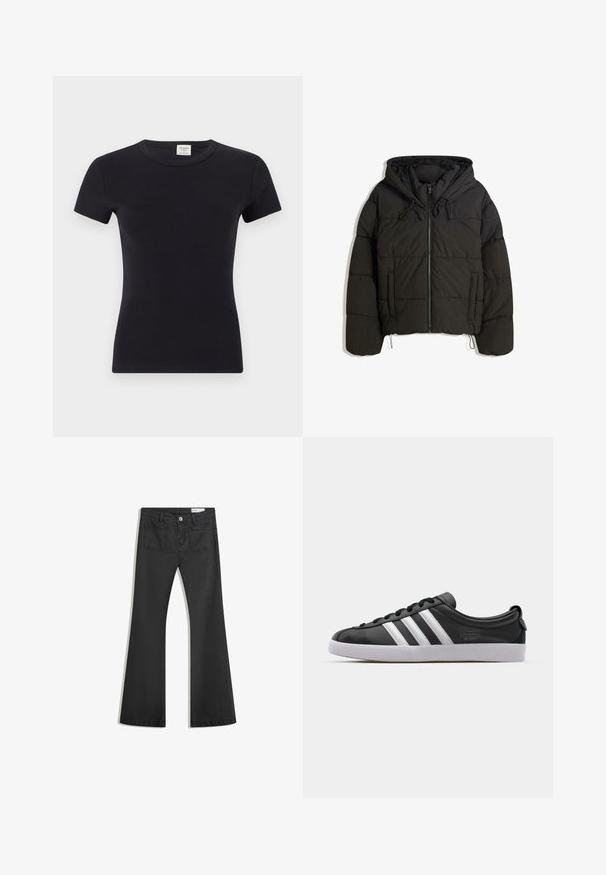Fekete párnázott dzseki kapucnival, elöl cipzárral, zsinórokkal és oldalsó zsebekkel. Jól steppelt textúráú, rövidített kialakítású.; Fekete, rövid ujjú póló puha, rugalmas anyagból, klasszikus kerek nyakkivágással és testhezálló fazonnal, amely alkalmas rétegezésre vagy hétköznapi viseletre.; Fekete, sima textúrájú farmer flare nadrág, két hátsó zsebbel és gombos derékkal.; Fekete bőr sneaker fehér háromcsíkkal, kerek orral, lapos fehér gumitalppal és márkázott részlettel az oldalon.