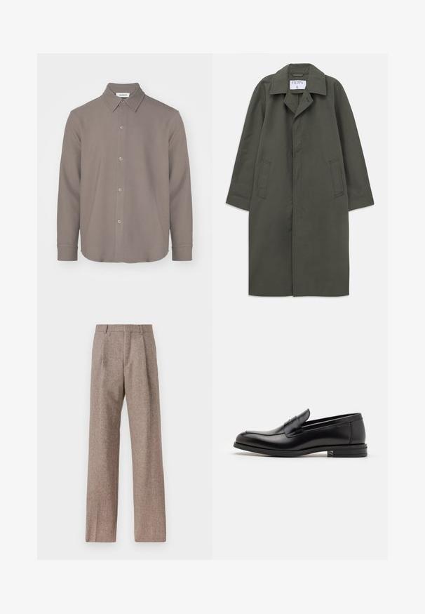 Langer, dunkelolivgrüner Einreiher mit seitlichen Taschen, Reverskragen und verdeckten vorderen Knöpfen, Etikett "Filippa K" im Kragen.; Dunkelblauer gerippter Strick-Zipfel-Cardigan mit Kragen und langen Ärmeln, auf weißem Hintergrund flach ausgelegt.; Langärmliges, kragenloses Hemd aus einem sanften braunen Material, mit Knopfverschluss, abgerundetem Saum und einer glatten Textur mit minimaler Detailverarbeitung.; Braune, hochtaillierte Hose aus strukturiertem Stoff. Mit weitem Bein und zwei vorderen Bügelfalten für zusätzliche Form. Saubere Verarbeitung ohne sichtbare Hardware.; Schwarze Lederloafers mit glatter Textur, rundem Zehenbereich und einem dekorativen Riemen über dem Vorderfuß. Niedriger, gestapelter Absatz, minimalistisches Design.