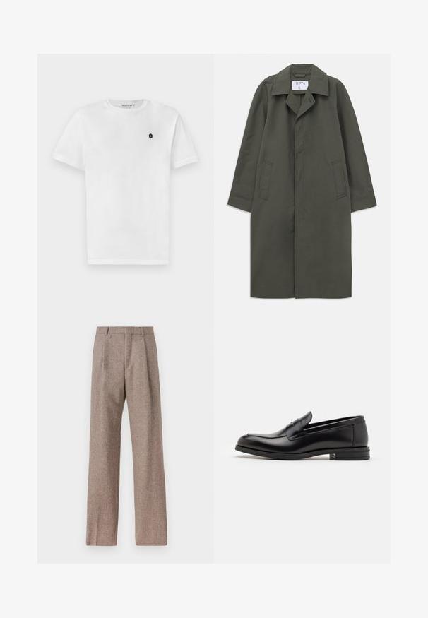 Dolgo temno olivno zelena enojna plašč s stranskimi žepi, izrezanim ovratnikom in skritimi sprednjimi gumbi, oznaka "Filippa K" znotraj ovratnika.; Temno modra rebrasta pletena jopica na zadrgo s ovratnikom in dolgimi rokavi, razporejena na beli podlagi.; Bela bombažna majica s kratkimi rokavi, okroglim vratnim izrezom in majhnim črnim logotipom na levi strani prsnega koša. Gladka tekstura, klasičen kroj.; Rjave hlače z visokim pasom, izdelane iz teksturirane tkanine. Imajo široke noge in dve sprednji pregibi za strukturo. Urejen zaključek brez vidne strojne opreme.; Črne usnjene loafer čevlje z gladko teksturo, zaobljenim nosom in dekorativnim trakom čez zgornji del. Nizka zložena peta, minimalističen dizajn.