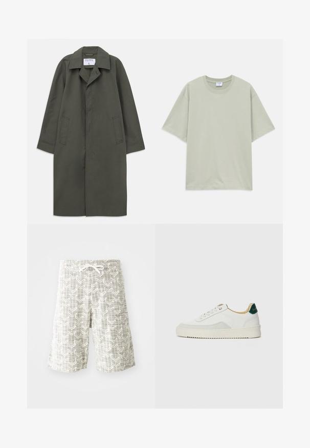 Pitkä tummanoliivinvihreä yksirivinen takki, jossa on sivutaskut, viisto kaulus ja piilotetut etunapit, etiketti "Filippa K" kauluksen sisällä.; Vaaleanvihreä pitkähihainen, rento puuvillapaita, jossa on pyöreä kaula-aukko, asetettu tasaiselle valkoiselle taustalle.; Keve shorts di made of woven fabric, yenye muundo wa jiometri wa kijivu na mweupe, ukanda wa elastiki na mfumo wa kuweza kubana, na mvuto wa huru.; Valkoiset tennarit, joissa on nahkaosia, pyöreä kärki, tasaiset nauhat ja kermaisa kumi-pohja. Takana vihreä brändäys.