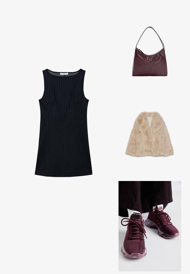 Faux pelsjakke i lys beige med en blød tekstur, bred krave og åben frontdesign. Har et glat indre foer.; Mørkeblå stribede ærmeløse kjole med lige snit, der har sidelommer og en rund halsudskæring. Glat stofstruktur.; Burgunderfarvede sportssko med mesh-overdel, struktureret detaljering, runde snørebånd og klar gummisål; har et logo på tungen og hælen.; Bordeaux læder hobo taske med et buet håndtag og blød, tekstureret overflade. Har en lynlåslukning og minimal syning.