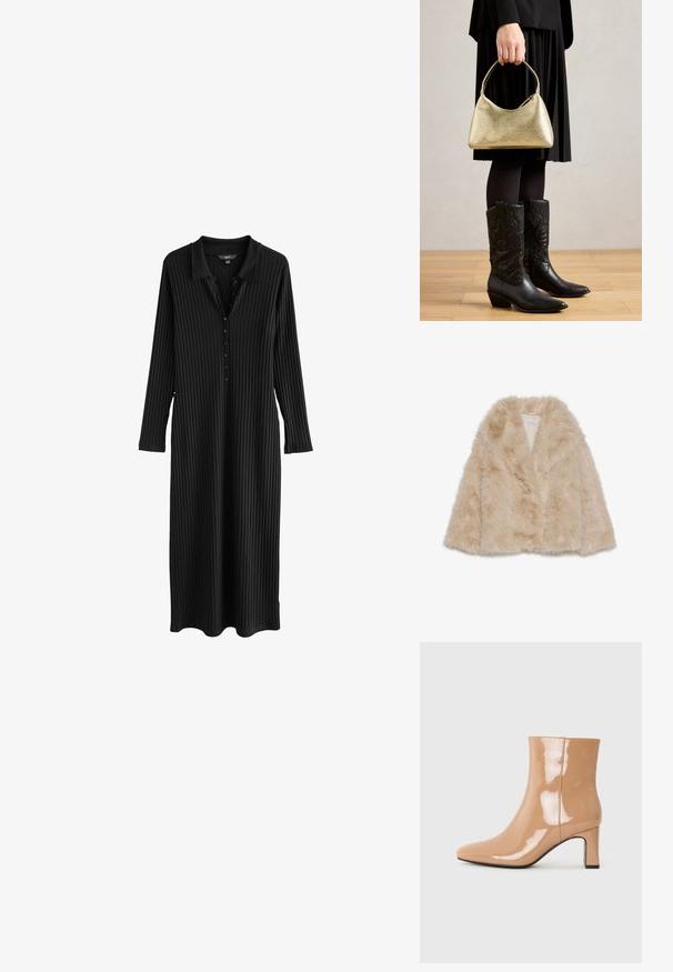 Kunstkarvane märkjas beež ülerõivas, mis on pehme tekstuuriga, laia kraega ja avatud ees. Omab sujuvat sisekihti.; Next COLLAR DETAIL TALL - REGULAR FIT - Maksikleit - black; Naha patendi ankle boots, mille terav varvas, läikiv pind ja keskmise kõrgusega plokknina. Sile tekstuur ja stiilne siluett.; Kuldse tekstuuriga kott, millel on kõver kuju ja lühike käepide, hoiab inimene, kes kannab musta plisseerkätikut ja musti nahast cowboy-saapaid.