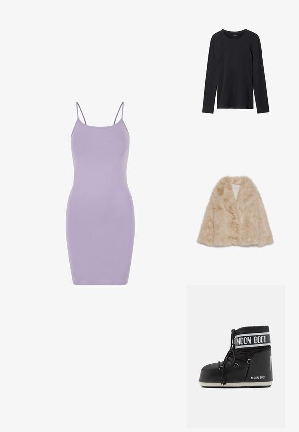 Kabát z umělé kožešiny ve světle béžové barvě s jemnou texturou, širokým límcem a otevřeným designem vpředu. Obsahuje hladkou podšívku.; Fialové bodycon šaty vyrobené z měkké, elastické látky. Vyznačují se tenkými ramínky a přiléhavým střihem, s hladkým povrchem po celé délce.; Černé tričko s dlouhým rukávem vyrobené z měkké látky, s kulatým výstřihem, jednoduchým designem a bez viditelných vzorů nebo ozdob.; Černé Moon Boots s polstrovanou svrškem, upevněné tkaničkami a výrazným bílým pruhem s logem. Tlustá, texturovaná gumová podrážka.