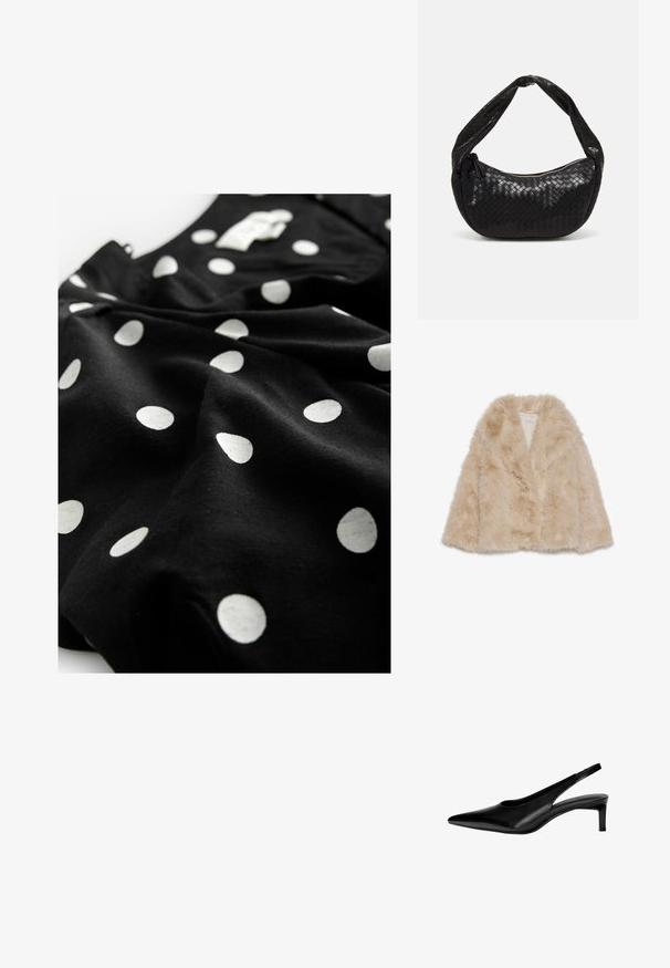 Caban din blană sintetică de culoare bej deschis, cu o textură moale, guler wide și design deschis în față. Prezintă o căptușeală interioară netedă.; Next V-NECK PUFF SLEEVE MINI - Rochie tip cămașă - black spot; Pantofi slingback din piele neagră cu vârf ascuțit, toc jos și design cu decupaj pe laterale. Textură netedă, cu un aspect elegant.; Geantă din piele împletită neagră, cu o formă curbată, având un mâner gros și închidere cu fermoar. Suprafață texturată cu un finisaj lucios.