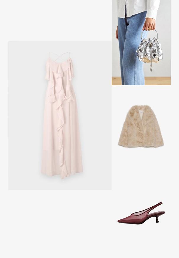 Világos bézs színű műszőrme kabát, puha textúrával, széles gallérral és nyitott elülső kialakítással. Simább belső bélés jellemzi.; Hosszú, halvány rózsaszín ruha könnyű anyagból, fodros rétegekkel és vékony, állítható pántokkal, amelyek a háton keresztben keresztezik egymást.; Burgundi színű, slingback magassarkú cipők hegyes orral és hálós felsőrésszel. Karcsú sarokkal és kivágott dizájnnal rendelkezik, amely elegáns sziluettet kölcsönöz.; Ezüst flitteres vödrös táska kör alakú fém fogantyúval; húzózsinóros záródással és lánc kiegészítőkkel, világos farmer és fehér szövet ellenében.