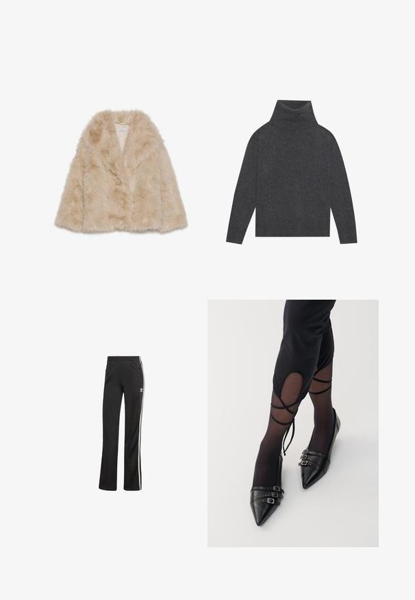 Faux fur coat in light beige with a soft texture, wide collar, and open front design. Features a smooth inner lining.; Gray turtleneck sweater made of a soft, textured knit. Features long sleeves and a relaxed, boxy shape with a ribbed hem and cuffs.; Black athletic pants with a relaxed fit, featuring white side stripes and an elastic waistband. Includes a small logo detail on the side.; Black pointed-toe flats made of leather, featuring three metal buckle accents and a smooth finish, worn with sheer black stockings.