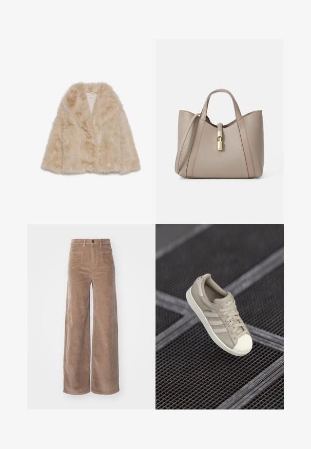 Abrigo de piel sintética en color beige claro con una textura suave, cuello amplio y diseño abierto en la parte frontal. Presenta un forro interior suave.; Suéter de punto beige con mangas raglán largas y puños y dobladillo acanalados, colocado plano sobre un fondo claro.; ONLY HOPE GLOBAL HW EBBA POCKETS - Pantalones - fossil; Zapatilla Adidas Superstar en color beige con parte superior de cuero texturizado, tres rayas laterales, puntera redonda y logotipo en la lengüeta y el talón.; Bolso de tote de cuero beige con doble asa, un cierre dorado y un diseño estructurado que presenta paneles lisos y texturizados en contraste.