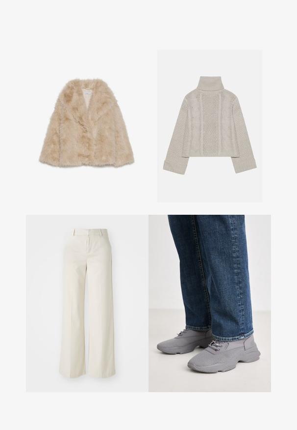 Kunstkarvane märkjas beež ülerõivas, mis on pehme tekstuuriga, laia kraega ja avatud ees. Omab sujuvat sisekihti.; Lühendatud, heledast hallist kudumist valmistatud sviiter kõrge kraega ja ribidega mansettidega, millel on tekstuursed nööri mustrid seljal ja külgedel.; Laiad püksid helesbežis värvitoonis, valmistatud siledast kangast. Omavad klassikalist vööd ja siledat fronti puhaste joontega.; Steve Madden MATCH-E - Tossud - paloma grey