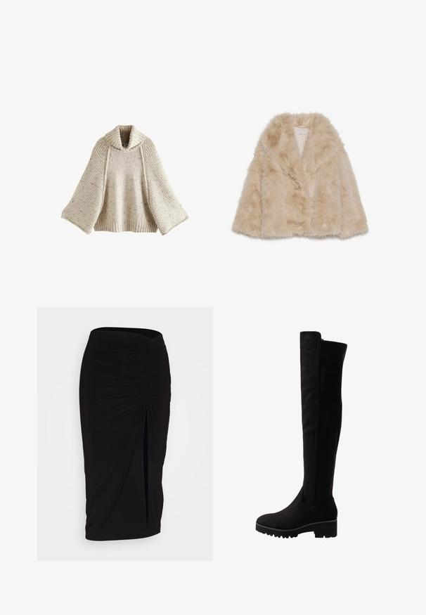 Faux-Fellmantel in hellem Beige mit weicher Textur, weitem Kragen und offenem Design. Besitzt ein glattes Innenfutter.; Next REGULAR FIT ROLL NECK - Strickpullover - ecru; Schwarzer, geraffter Bleistiftrock mit Bindegürtel und seitlichem Schlitz. Hergestellt aus einem dehnbaren Stoff, mit glatter Textur und figurschmeichelndem Design.; Schwarze Overknee-Stiefel aus weichem Wildleder mit flacher Sohle, abgerundetem Zehenbereich und elastischen Seiteneinsätzen für ein einfaches An- und Ausziehen.
