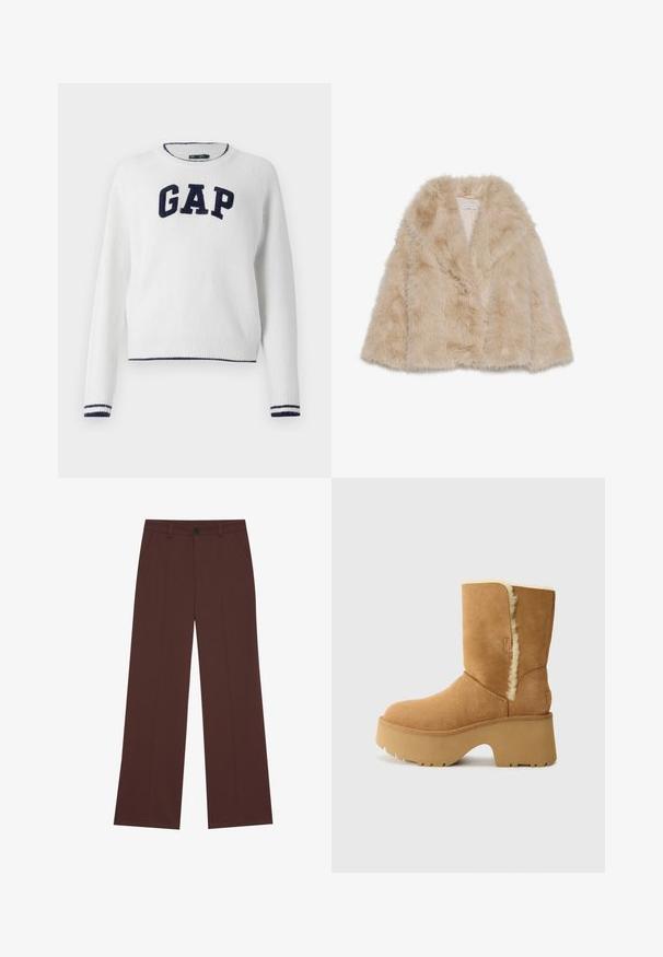 Faux-Fellmantel in hellem Beige mit weicher Textur, weitem Kragen und offenem Design. Besitzt ein glattes Innenfutter.; Weißer Strickpullover mit Rundhalsausschnitt, der "GAP" in dunkelblau über die Brust zeigt und marineblau gestreifte Akzente an den Bündchen und am Saum hat.; Weite Hose aus einem hochwertigen braunen Stoff. Mit einem Knopfverschluss, zwei frontalen Taschen, glatter Textur und klaren Linien.; UGG NEW HEIGHTS CUFF - Snowboot/Winterstiefel - chestnut
