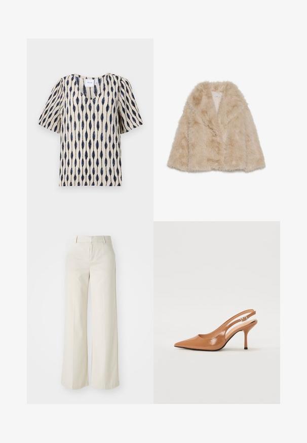 Mākslīgās kažokādas mēteles gaiši bēšā krāsā ar mīkstu tekstūru, plašu apkakli un atvērtu priekšpusi. Satur gludu iekšējo oderi.; Kremkrāsas īsām piedurknēm tops ar V veida izgriezumu, piedāvājot izteiktu tumši zilu un melnu pagarinātu lapu rakstu visā audumā.; Platas kājās bikses gaisā bežā krāsā, izgatavotas no gludas auduma. Iezīmē klasisku jostasvietu un plakanu priekšpusi ar tīrām līnijām.; Izteikts pirksta siksnas zābaks, izgatavots no gludas, spīdīgas brūnas materiāla. Piedāvā izliekta izgriezuma dizainu un smalku stiletto papēdi. Sudraba sprādze.