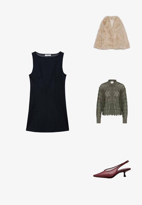 Faux pälsjacka i ljusbeige med en mjuk textur, bred krage och öppen design fram. Har en slät innerfoder.; Olivgrön skjorta med en spetsöverdrag som har ett blommönster, knäppning fram och spetsig krage. Långa ärmar med enfärgade manschetter.; Mörkblå randig ärmlös klänning med rak skärning, som har sidofickor och en rundad halsringning. Slät tygtextur.; Burgundy slingback-pumps med spetsig tå och överdel i mesh. Har en smal klack och skärmdesign som ger en elegant silhuett.