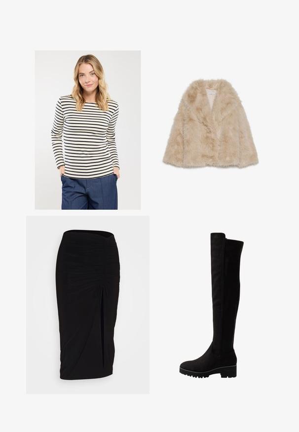 Faux-Fellmantel in hellem Beige mit weicher Textur, weitem Kragen und offenem Design. Besitzt ein glattes Innenfutter.; Langarmshirt mit Streifen aus weichem Stoff; hat eine cremefarbene Basis mit marineblauen Streifen und einen runden Halsausschnitt, kombiniert mit lockeren blauen Hosen.; Schwarzer, geraffter Bleistiftrock mit Bindegürtel und seitlichem Schlitz. Hergestellt aus einem dehnbaren Stoff, mit glatter Textur und figurschmeichelndem Design.; Schwarze Overknee-Stiefel aus weichem Wildleder mit flacher Sohle, abgerundetem Zehenbereich und elastischen Seiteneinsätzen für ein einfaches An- und Ausziehen.