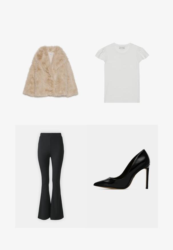 Kunstkarvane märkjas beež ülerõivas, mis on pehme tekstuuriga, laia kraega ja avatud ees. Omab sujuvat sisekihti.; Valge lühikeste varrukatega T-särk, mis on valmistatud pehmest kangast. Omab väikeseid volanukke ja ümmargust kaelust. Sildil on kirjas: "ANNA FIELD" kaela kohal.; Mustast lõtvuvate pükste, mis on valmistatud venivast kangast. Omab kõrget vööd ja sujuvat, keha järgivat disaini, mis laieneb põlve alt allapoole.; Must must müts musta patendi nahast kõrge kontsaga pumps, millel on terav nina ja sleek disain, featuring 4-tollise stilletokontsa ja sujuva, läikiva viimistlusega.