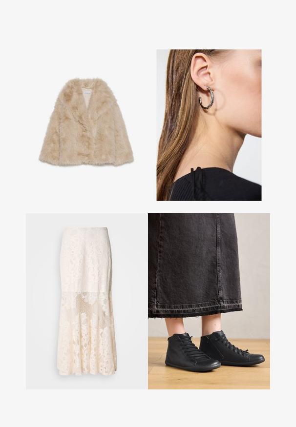 Caban din blană sintetică de culoare bej deschis, cu o textură moale, guler wide și design deschis în față. Prezintă o căptușeală interioară netedă.; Top negru fără mâneci, fabricat dintr-un material moale și elastic. Are un decolteu rotund și bretele late, cu o siluetă ajustată și o textură fină.; Fusta midi din dantelă florală în crem; caracteristici de design stratificat cu secțiuni transparente, dantelă texturată și tiv evazat.; Pantofi înalți din piele neagră, cu o textură netedă, având șireturi și un fermoar lateral. Purtați cu o fustă lungă din denim negru.; Cercel din argint cu un finisaj polișat, având detalii mici din aur și o formă rotundă, purtat pe lobul urechii.