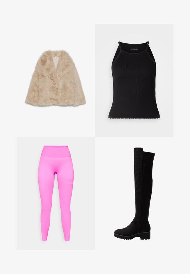 Faux fur jas in lichtbeige met een zachte textuur, brede kraag en een open voorkant. Voorzien van een gladde binnenvoering.; Zwarte geribbelde tanktop met een scallooped kanten rand aan de onderkant. Heeft dunne bandjes en een aansluitend ontwerp. Gemaakt van rekbare stof.; Aansluitende high-waisted leggings in een levendige roze kleur. Gladde, rekbare stof met een subtiele textuurstripedetail aan de zijkant.; Zwarte over-de-knie laarzen van zachte suede met een platte zool, voorzien van een ronde neus en elastische zijpanelen voor gemakkelijk aan- en uittrekken.