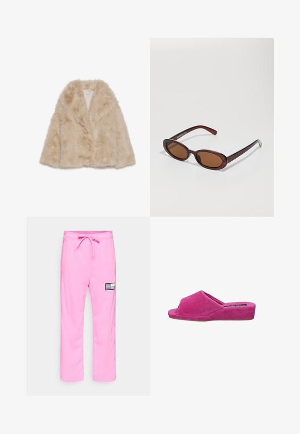 Abrigo de piel sintética en color beige claro con una textura suave, cuello amplio y diseño abierto en la parte frontal. Presenta un forro interior suave.; Camisa blanca de manga corta con grandes lunares negros, escote en V y detalle de logo en el pecho, fabricada con un material suave y elástico.; Pantalones de chándal rosa de Nike con cinturilla elástica, cordón, bolsillos laterales, botones a presión a lo largo de las piernas y un parche de logo en blanco y negro en el muslo.; Zapatilla deslizante de ante rosa con puntera redondeada y tacón bajo tipo cuña. Tela texturada, con parte delantera abierta y sutil detalle de costura.; Gafas de sol redondas con tinte marrón y un marco burdeos brillante. Patillas delgadas con un sutil detalle de marca. Diseño de lentes planos.; Bolso de mano de piel sintética color rosa con forma circular, que presenta un diseño de cordones con ojales metálicos y un detalle de lazo. Incluye un asa corta.