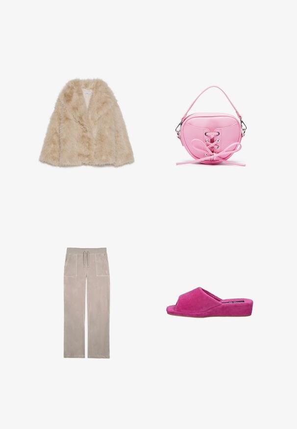 Faux-Fellmantel in hellem Beige mit weicher Textur, weitem Kragen und offenem Design. Besitzt ein glattes Innenfutter.; Weißes Kurzarmhemd mit großen schwarzen Punkten, V-Ausschnitt und Logodetail auf der Brust, aus einem glatten, elastischen Material gefertigt.; Hellgraue Jogginghose aus weichem, strukturiertem Stoff; verfügt über zwei Fronttaschen und einen elastischen Bund mit Kordelzug.; Rosa Cord-Optik Hausschuh mit gerundetem Zehenbereich und niedrigem Keilabsatz. Texturiertes Material, offene Vorderseite und dezente Steppnaht.; Rosa Kunstleder-Handtasche in runder Form mit geschnürtem Design, verziert mit metallischen Ösen und einer Schleifendetail. Enthält einen kurzen Griff.
