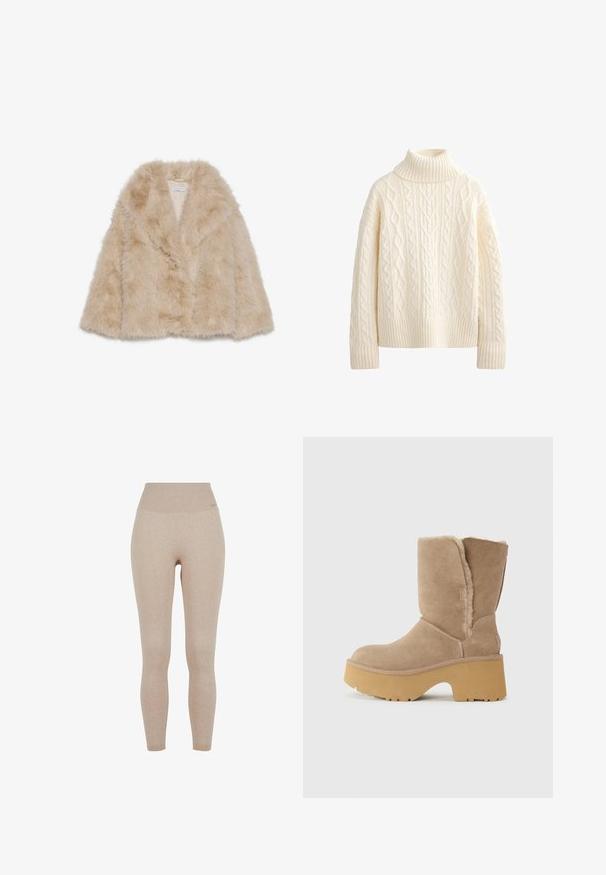Lažna krznena bunda v svetlih bež odtenkih z mehko teksturo, širokim ovratnikom in odprtim sprednjim delom. Ima gladko notranjo podlogo.; Kremni pulover z visokim ovratnikom, ki vsebuje pletene vzorce, rebraste manšete in širok rob. Izdelan iz mehkega, teksturiranega materiala.; Bež ribane leggingse z visokim pasom, izdelane iz mehke, raztegljive tkanine za udobje in svobodo gibanja.; Bež nubuk škornji do sredine teleta z debelim rumenim podplatom, ki imajo mehko teksturirano podlogo in zaobljen oblikovan prst. Enoten zunanji površinski izgled.
