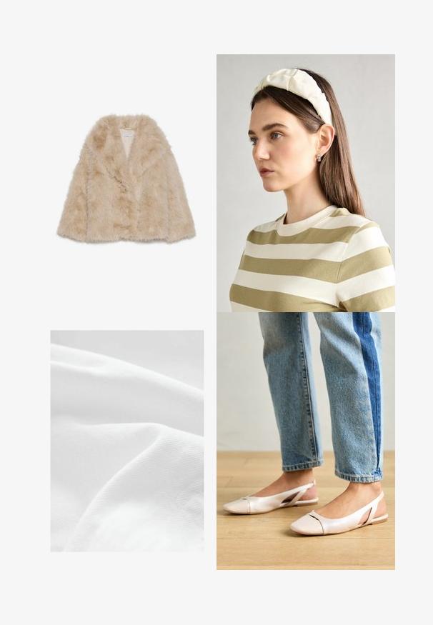 Kunstkarvane märkjas beež ülerõivas, mis on pehme tekstuuriga, laia kraega ja avatud ees. Omab sujuvat sisekihti.; Kreem ribakammastega kudumüts kõrge kaelusega, pikad lehvitud varrukad ja peplum-äär. Tekstuuriga kangas lisab visuaalset huvi.; Valge puuvillane kangas, millel on sile, veidi tekstureeritud pind, näidates õrnu kortse ja voldikuid. Valgus peegeldub kangal kergelt.; Kahvatu roosa slingback lapikute jalatsite paar, millel on terav varvas, valmistatud siledast nahataolisest materjalist. Omab külgedel lõikekohti ja lapikut kontsa.; Kreemjas pehmendusega peapael, millel on keerutatud disain, koos beeži ja valge triibulise särgiga, millel on ümar kaelus. Diskreetne ehtedisain.