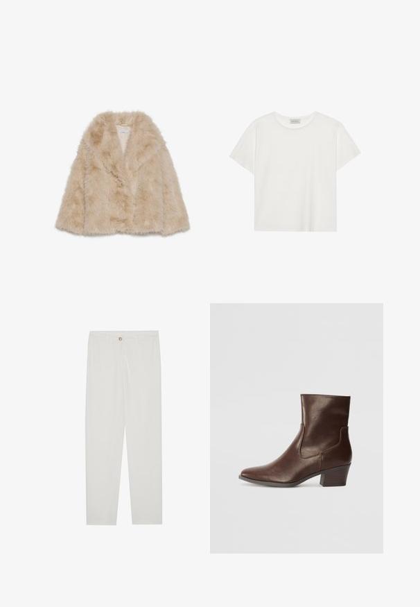 Kunstkarvane märkjas beež ülerõivas, mis on pehme tekstuuriga, laia kraega ja avatud ees. Omab sujuvat sisekihti.; Valge lühikeste varrukatega t-särk, mis on valmistatud pehmest puuvillast. Omab ümmargust kaelust ja mugavat lõiget. Puhtad jooned, ilma nähtavate mustrite või aktsentideta.; Valged kohandatud püksid sirge lõikega, varustatud nupuga kinnitusega, vöödega ja küljetaskutega; sile kangatekstuur.; Pruun nahast pahkluu saabaste, millel on terav nina, keskmise kõrgusega plokktald ja elastsed külgepaneelid mugavaks jalga panekuks. Sile tekstuur ja elegantne disain.