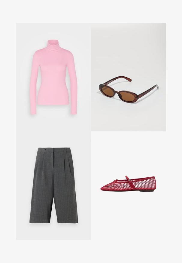 Faux fur jas in lichtbeige met een zachte textuur, brede kraag en een open voorkant. Voorzien van een gladde binnenvoering.; Even&Odd Longsleeve - pink; Grijze houndstooth shorts met plooien, met een op maat gemaakte uitstraling en een lengte tot halverwege de dij. Gemaakt van textuurstof, zonder zichtbare sluitingen.; Rode mesh ballerina's met een spitse neus, voorzien van een dunne band en een gespdetail. De bovenkant heeft een open honingraatpatroon.; Ronde, bruin getinte zonnebril met een glanzend bordeauxrood frame. Slanke pootjes met subtiele merkdetails. Vlakke lensontwerp.; Roze neplederen handtas met een ronde vorm, voorzien van een vetersluiting met metalen oogjes en een strikdetail. Inclusief een kort handvat.