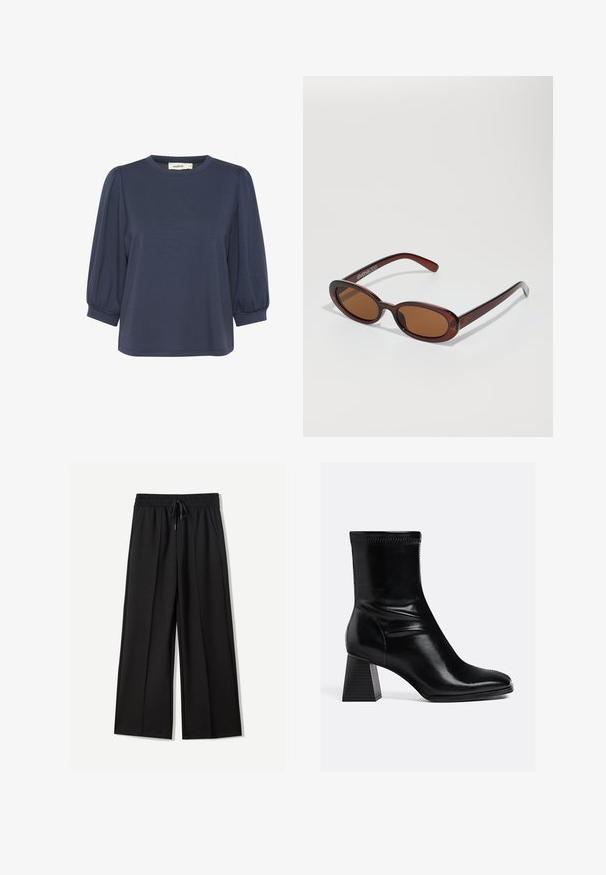 Faux-Fellmantel in hellem Beige mit weicher Textur, weitem Kragen und offenem Design. Besitzt ein glattes Innenfutter.; Navyblaues Kurzarmoberteil mit rundem Ausschnitt, ausgestattet mit gepufften Ärmeln und einem lockeren Schnitt. Weicher Stoff mit glatter Textur.; Schwarze weite Hosen aus weichem Stoff. Mit einem elastischen Bund mit Kordelzug und zwei seitlichen Taschen. Flacher Vorderteil mit Falten.; Schwarze Leder-Stiefeletten mit glatter Oberfläche, quadratischer Spitze und strukturiertem Blockabsatz. Mit elastischem Knöchel-design und sichtbaren Nähten.; Runde, braun getönte Sonnenbrillen mit einem glänzenden burgunderfarbenen Rahmen. Schlanke Bügel mit dezentem Branding. Flaches Linsendesign.; Schwarze Lederhandtasche mit strukturierter Form, oberen Griffen, glatter Textur, goldfarbener Hardware und einem vorderen Verschluss. Am unteren Rand ist eine Markenprägung zu sehen.