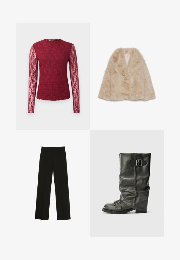 Világos bézs színű műszőrme kabát, puha textúrával, széles gallérral és nyitott elülső kialakítással. Simább belső bélés jellemzi.; Hosszú ujjú, bordó csipke blúz átlátszó ujakkal, virágmintázattal és kerek nyakkivágással, sima háttéren.; Fekete, bő szárú nadrág sima anyagból, melynek kényelmes derékrésze és diszkrét elülső redők adnak extra textúrát.; Fekete műbőr bokacsizma laza szárra, vastag sarokra és oldalt két fémcsattal a részletezéshez.