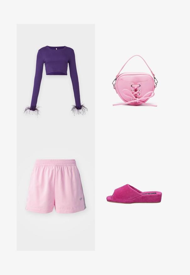 Faux-Fellmantel in hellem Beige mit weicher Textur, weitem Kragen und offenem Design. Besitzt ein glattes Innenfutter.; Lila kurzärmliges Oberteil mit langen Ärmeln aus geripptem Stoff, das durchsichtige, ausgefranste Akzente an den Bündchen für zusätzliche Textur aufweist.; Rosa Sportshorts mit elastischem Bund, an den Seiten mit einem grauen Streifen und einem kleinen Logo auf der Vorderseite. Hergestellt aus leichtem Material.; Rosa Cord-Optik Hausschuh mit gerundetem Zehenbereich und niedrigem Keilabsatz. Texturiertes Material, offene Vorderseite und dezente Steppnaht.; Rosa Kunstleder-Handtasche in runder Form mit geschnürtem Design, verziert mit metallischen Ösen und einer Schleifendetail. Enthält einen kurzen Griff.