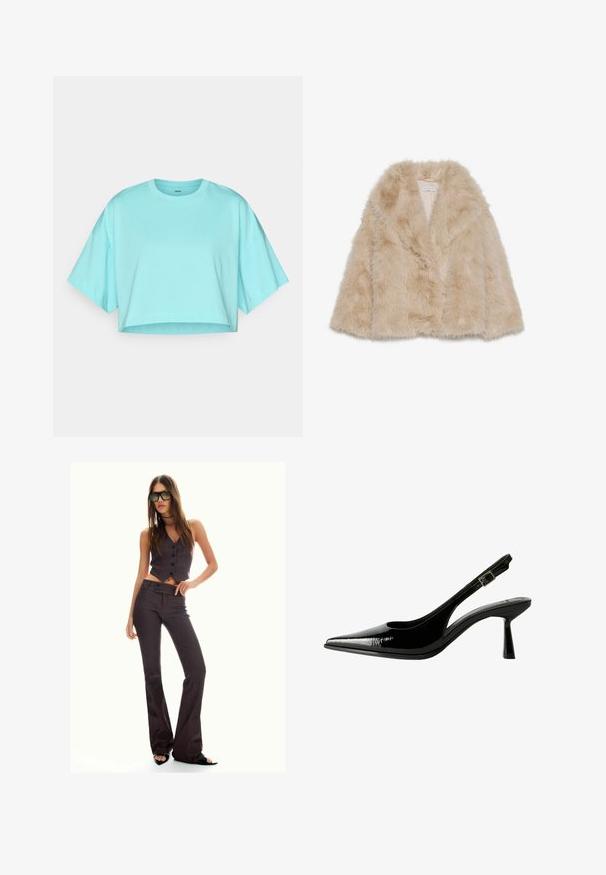 Faux fur jas in lichtbeige met een zachte textuur, brede kraag en een open voorkant. Voorzien van een gladde binnenvoering.; Geknipte t-shirt in licht turquoise, gemaakt van zachte katoen. Heeft een ronde halslijn en brede korte mouwen. Soepele textuur met minimale stiksels.; Bruin gestreepte cropped vest en uitlopende broek, met knopen en een gestructureerde stof. Zwarte open teen schoenen en oversized zonnebril.; Zwarte gepatineerde leren slingback pump met een spitse neus, uitsparingen aan de zijkanten, een verstelbare enkelband en een dunne, slanke hak.