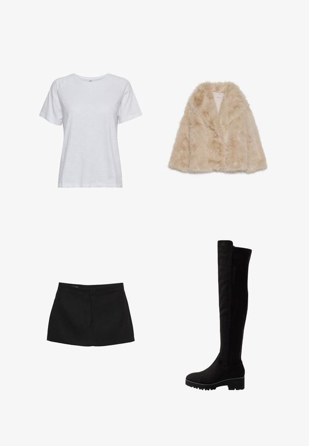 Faux fur jas in lichtbeige met een zachte textuur, brede kraag en een open voorkant. Voorzien van een gladde binnenvoering.; Witte T-shirt met korte mouwen, gemaakt van lichtgewicht stof, met een ronde halslijn, een zachte textuur en een eenvoudig ontwerp zonder patronen.; Zwarte mini rok met een gestructureerde taille, een gladde textuur en een rechte silhouet. Bevat geen zichtbare zakken of versieringen.; Zwarte over-de-knie laarzen van zachte suede met een platte zool, voorzien van een ronde neus en elastische zijpanelen voor gemakkelijk aan- en uittrekken.