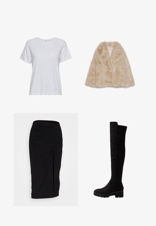 Lažna krznena bunda v svetlih bež odtenkih z mehko teksturo, širokim ovratnikom in odprtim sprednjim delom. Ima gladko notranjo podlogo.; Bela kratka majica s kratkimi rokavi, izdelana iz lahkotnega materiala, z okroglim izrezom, gladko teksturo in preprostim dizajnom brez vzorcev.; Črna, nabrana svinčnik krilo z detajlom v obliki traku in stranskim razporkom. Narejeno iz raztegljive tkanine, ki se ponaša z gladko teksturo in oblikovanjem, ki se prilega telesu.; Črne nadkolenske škornje iz mehkega semiša s ploskim podplatom, zaobljenim prstom in elastičnimi stranskimi ploščami za lažje obuvanje.