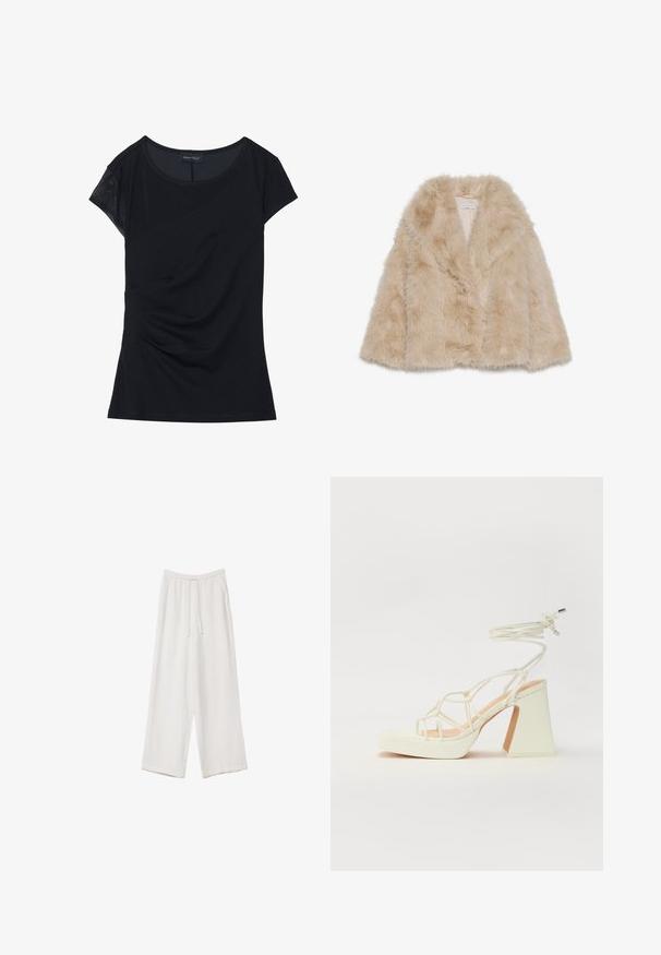 Lažni krzneni kaput svijetle bež boje s mekim teksturom, širokim ovratnikom i otvorenim prednjim dijelom. Ima glatku unutarnju podstavu.; Crna majica kratkih rukava od mekog materijala, s teksturiranim panelom na jednom ramenu, asimetričnim dizajnom i detaljima od nabora sa strane.; Bijele hlače širokih nogavica napravljene od lagane tkanine. Imaju elastičan pojas s ušicom i bočne džepove. Glatka tekstura.; Bijela sandala na visokoj potpetici s debelim petom, s remenom i vezanjem oko gležnja. Glatka tekstura s platformom sprijeda za dodatnu visinu.
