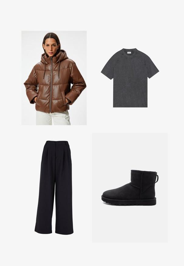 Brązowa kurtka puchowa z kapturem, wykonana z sztucznej skóry. Posiada zamek błyskawiczny, boczne kieszenie oraz pikowany wzór o gładkiej fakturze.; Czarna szara bawełniana koszulka z okrągłym dekoltem, krótkimi rękawami raglanowymi i miękkim, lekko teksturowanym wykończeniem. Brak widocznych wzorów lub ozdób.; Szerokie spodnie z czarnego materiału, z przodu zaprasowane, z zapięciem na guzik i gładką fakturą. Dopasowany krój z wysokim stanem.; Czarne zamszowe botki za kostkę z okrągłym noskiem, ocieplone owczą wełną i płaską gumową podeszwą. Mają boczny szew oraz pętelkę do zakładania z tyłu.