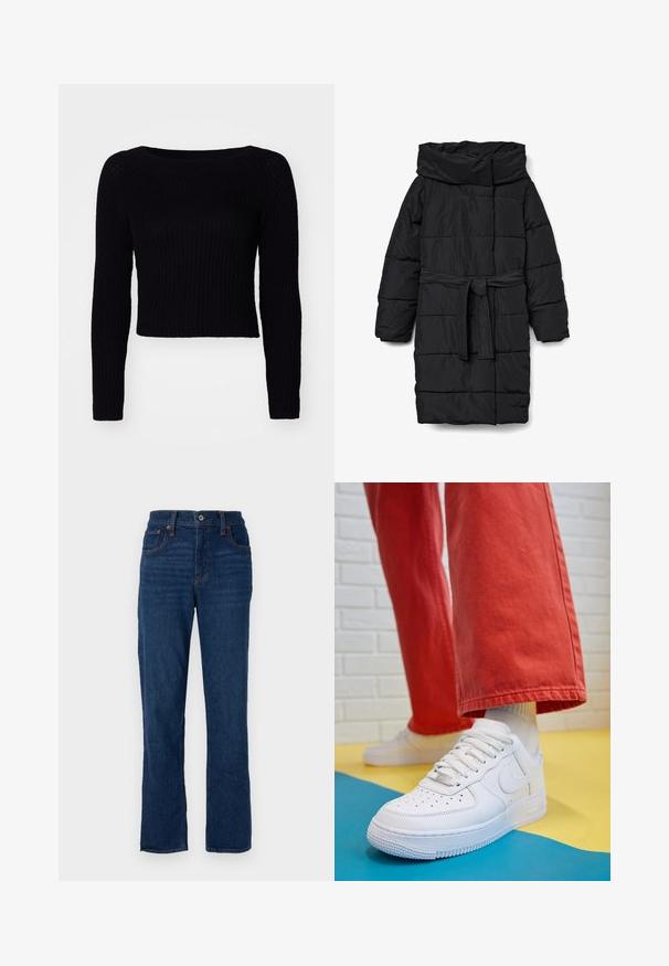 Fekete, steppelt, középhosszú pehelykabát széles gallérral és öves derékkal. Simább, matt textúrájú, ferde varrásokkal.; Fekete, hosszú ujjú, kötött pulóver bordás textúrával és széles nyakkivágással; körben levágott hosszúság, a hajtókán pedig diszkrét varrási részletek találhatók.; Sötétkék farmer egyenes szárú nadrág öt zsebes kivitelben, narancssárga varrással és gombos záródással a derék részen.; Fehér bőr edzőcipő perforált orral, texturált talppal és fehér fűzővel, széles vörös nadrággal párosítva, kék és sárga háttérrel.