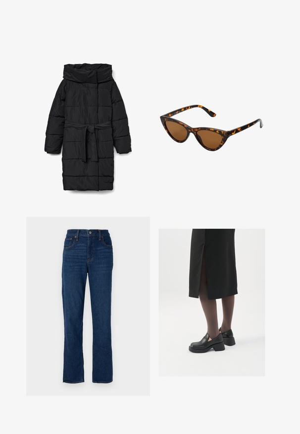 Black, quilted mid-length puffer coat with a wide collar and belted waist. Features a smooth, matte texture and angled seams.; Black ribbed turtleneck top, short sleeves, form-fitting design, soft texture, minimal seams, and a high collar.; Dark blue denim straight-leg jeans with a five-pocket design, orange stitching, and a button closure at the waistband.; Black leather shoes with a rounded toe, thick block heel, and elastic side accents, paired with dark tights and a black skirt with a slit.; Cat-eye sunglasses with a black and orange tortoiseshell frame, brown lenses, and sleek, pointed tips. Features a minimal logo on the temple.