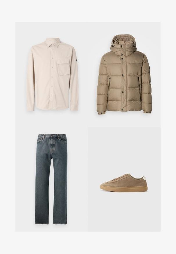 Šviesiai ruda pūkinė striukė su kapišonu, pasižyminti siuvinėtomis dalimis, priekiniais mygtukais ir užtrauktukais užsegamomis kišenėmis. Raukšlėta tekstūra ir kasdienis dizainas.; Šviesiai ruda ilgos rankovės marškiniai su mygtukais, pagaminti iš medvilnės, su kairėje krūtinėje esančia kišenė ir logotipo aplikacija ant rankovės. Lygus audinys.; Tamsiai buvo ištekėlti džinsai, turintys tiesią kojų dizainą, subtilų siuvinėjimą ir užsegimą su mygtuku bei penkiais kišenėmis.; Šviesiai rudos su mikrošuolių sportinės bateliai su guma padusi. Yra su raištelių uždarymu ir minimalistiniu stiliumi, akcentuotu baltu kulno lipduku.