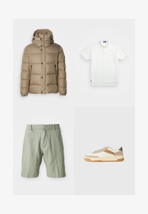 Beige pufferjack met een capuchon, met gequiltte secties, frontknopen en ritszakken. Soepele textuur en casual ontwerp.; Witte poloshirt van katoen, met een klassieke kraag, een knoopsluiting met drie knopen en een borstzak aan de linkerkant; klein logo aan de onderrand.; Lichtgroene linnen shorts met een relaxte pasvorm, elastische tailleband en twee zijzakken. Soepele textuur met een casual ontwerp.; Sneakers in beige, crème en olijfgroen, met suede en leer, een ronde neus, een minimalistisch ontwerp en een rubberen zool.