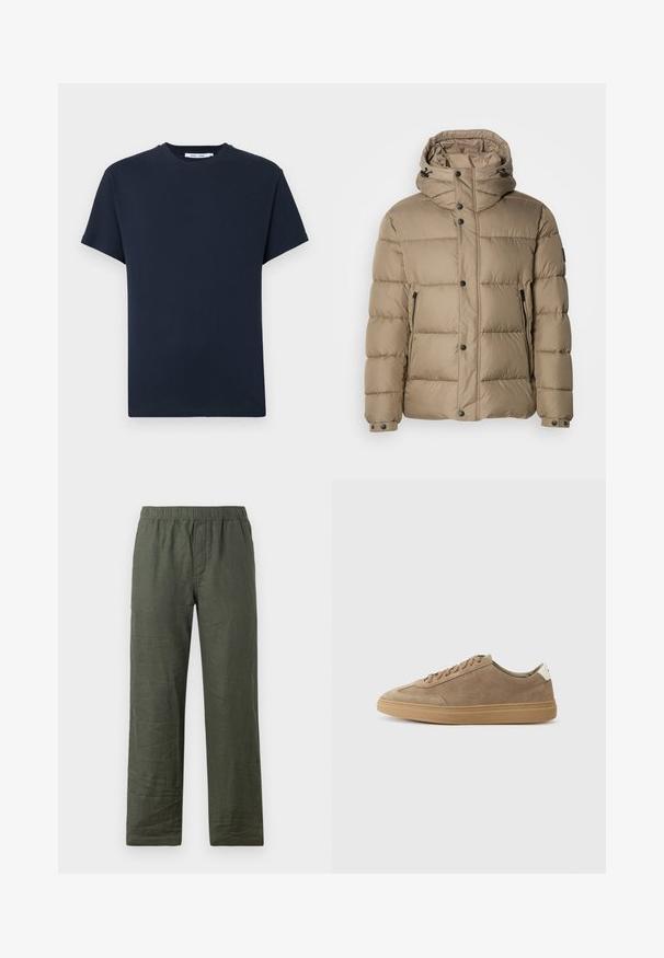 Casaco puffer bege com capuz, com secções acolchoadas, botões frontais e bolsos com fecho. Textura suave e design casual.; T-shirt de manga curta azul marinho escuro feito de algodão, com um decote redondo e um ajuste relaxado. Simples, com uma cor sólida sem padrões.; Calças de linho verde-escuras com cintura elástica, design de perna reta e uma textura ligeiramente enrugada. Sem hardware ou padrões visíveis.; Sapatilhas de camurça em castanho claro com sola de borracha. Apresentam um design com atacadores e um estilo minimalista, acentuado por uma aba de calcanhar branca.