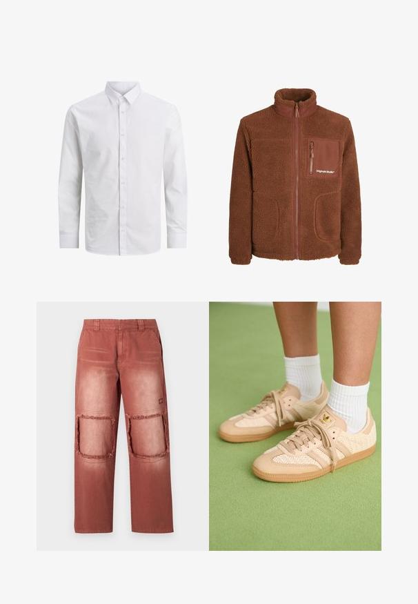 Jachetă din fleecă maro cu guler înalt, fermoar frontal, două buzunare laterale și un buzunar pe piept. Are o textură moale și detalii cu logo.; Cămașă albă cu mânecă lungă, realizată din bumbac fin, având un guler clasic și închidere cu nasturi în față, fără motive sau accente.; Pantaloni de culoare ruginită, cu o textură estompată, având două petice mari, decupate și tocite pe genunchi și buzunare standard.; Picioare încălțate cu adidași Adidas bej țesuți, cu talpa din cauciuc natural, și ciorapi albi până la gleznă, pe o podea verde texturată.