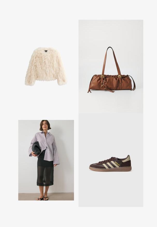 Kurtka z sztucznego futra w kremowo-beżowym kolorze. Prosty krój z opadającymi ramionami. Miękka, długa tekstura i okrągły dekolt. Bez widocznych zapięć.; Kremowa bluza z kapturem wykonana z miękkiego materiału. Posiada przednią kieszeń oraz subtelnie haftowane logo. Luźny krój z ribbowanymi mankietami i dołem.; Jasnoróżowy sweter z długim rękawem i golfem, o dopasowanym kroju i gładkiej fakturze.; Pasiasta koszula z długim rękawem w odcieniach bieli i burgundu. Czarna przezroczysta spódnica nałożona na gładką czarną bazę. Wpleciona czarna torebka kopertówka i klapki.; Ciemnobrązowy sneaker Adidas z beżowymi paskami, gumową podeszwą i żółtym napisem "Spezial" po boku, przedstawiony z zewnętrznej strony.; Brązowa skórzana torebka z marszczonym wierzchem, regulowanymi paskami i metalowymi akcentami. Posiada okrągły pleciony detal po boku.; Złote kolczyki w kształcie podkowy z sześcioma małymi przezroczystymi kamieniami szlachetnymi na każdym, wyeksponowane na przezroczystym tle na białym tle.