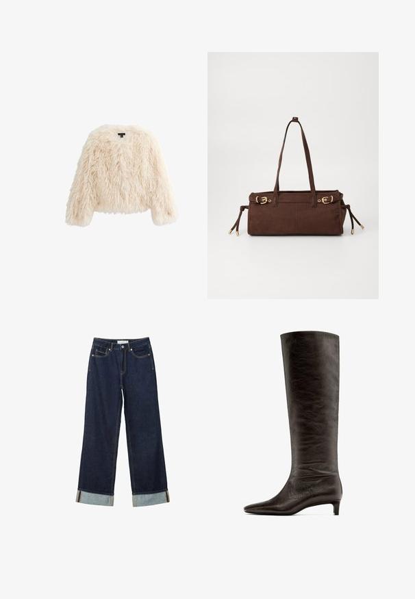 Veste en fausse fourrure beige crémeux. Coupe boxy avec épaules tombantes. Texture douce et longue poils avec un col rond. Pas de fermetures visibles.; Pull en tricot couleur crème avec un col rond, des poignets et un ourlet côtelés. Texture douce avec une coupe légèrement ample, arborant un design simple et épuré.; Jean large bleu foncé à taille haute, avec des ourlets roulés, des coutures contrastées et un design à cinq poches. Fabriqué en tissu en denim.; Botte noire en cuir montant jusqu'au genou, avec un bout pointu et un petit talon effilé. Texture lisse avec un effet de plis subtil.; Sac cabas en suède marron avec deux poignées, accents en métal doré et liens latéraux ajustables. Comprend une fermeture éclair et une texture lisse.