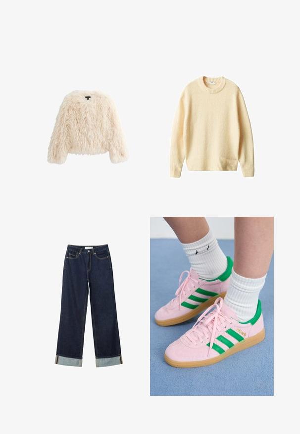 Faux furjacka i krämig beige. Boxig passform med sänkta axlar. Mjuk, lång luggtextur och rund halsringning. Inga synliga knäppningar.; Krämfärgad stickad tröja med rund hals, ribbade ärmslut och nederkant. Mjuk textur med en något lös passform, som har en enkel och ren design.; Mörkblå vida jeans med hög midja, utrustade med uppvikta fållar, kontrasterande sömmar och femficksdesign. Tillverkade av denimtyg.; Rosa mockaskor med gröna ränder och detaljer, med en gummisula. Bärs med vita ribbade strumpor. Närbild framhäver detaljer.