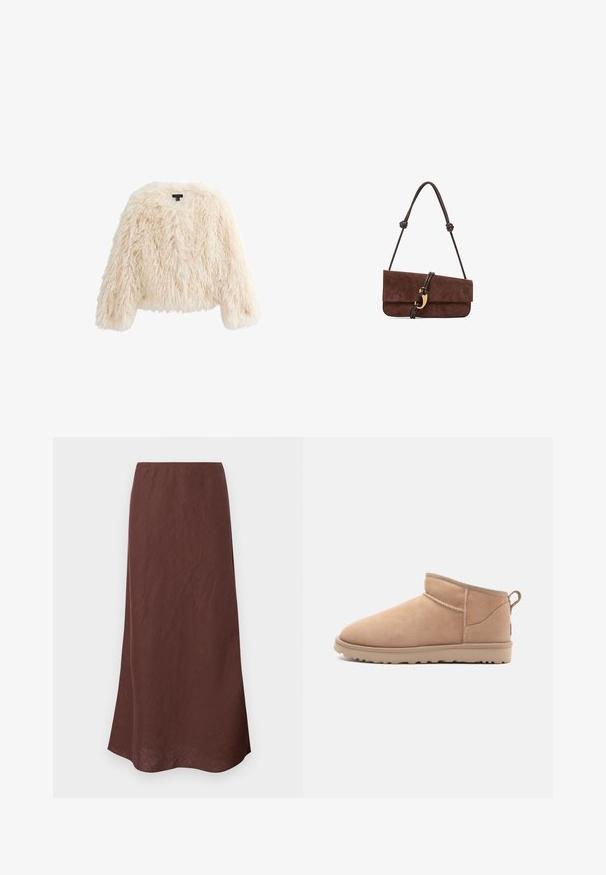 Veste en fausse fourrure beige crémeux. Coupe boxy avec épaules tombantes. Texture douce et longue poils avec un col rond. Pas de fermetures visibles.; Haut en tricot sans manches marron avec un col rond. Présente une texture côtelée et une coupe décontractée. Design simple sans motifs ni accents.; Jupe longue marron en tissu léger. Présente un design simple avec une coupe droite et une texture lisse. L'ourlet est légèrement incurvé.; Botte de cheville en daim beige avec un bout arrondi, une texture douce, un design simple et une semelle en caoutchouc à profil bas. Dispose d'une languette à l'arrière.; Sac à main en daim marron avec une longue sangle en cuir nouée. Il présente un design plié et des accents métalliques dorés sur le fermoir avant.