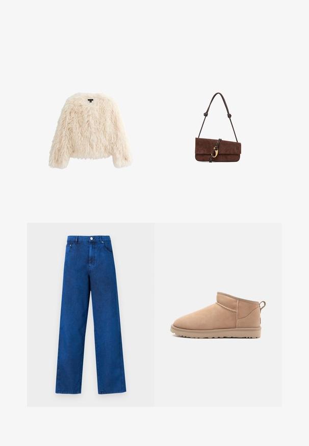 Faux fur jacket in creamy beige. Boxy cut with dropped shoulders. Soft, long pile texture and a round neckline. No visible fastenings.; Brown, sleeveless knit top with a round neckline. Features a ribbed texture and a relaxed fit. Plain design without patterns or accents.; Blue denim wide-leg pants with a high waist, featuring stitching details, front pockets, and a metal button closure.; Tan suede ankle boot with a rounded toe, soft texture, simple design, and a low-profile rubber sole. Features a pull tab at the back.; Brown suede handbag with a long, knotted leather strap. Features a folded design and a metallic gold accents on the front clasp.