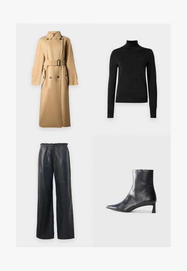 Casaco de lã bege com cintura cingida por cinto, fechamento de botões duplos, grandes bolsos e colarinho aberto. Tecido texturizado e quente.; Sweater preto de manga longa com gola alta, com punhos e bainha canelados, exposto em um fundo branco liso.; Calças largas em imitação de pele preta com uma cintura elástica, apresentando uma textura suave e costuras limpas.; Bota de tornozelo em pele preta com biqueira apontada e um design elegante. Apresenta um salto baixo e um fecho com zipper na parte de trás. Textura suave.
