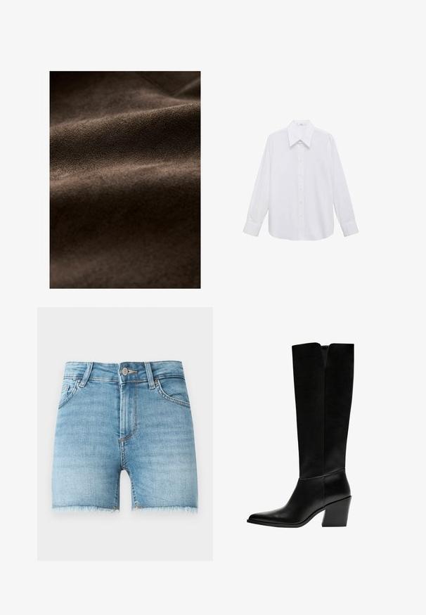 Rjava nubuk tkanina z mehkobo, ki vključuje nežne gube in bogato, enakomerno barvo, primerna za različne tekstilne aplikacije.; Bela srajca z dolgimi rokavi in širokim ovratnikom, ki ima gladko teksturo in sprednjo zapiralko na gumbe.; Denim kratke hlače v svetlo modri barvi z nepravilno obrobljenim robom, petimi žepi in sprednjim gumbom za zapiranje. Imajo rahlo zbledel videz in klasičen kroj.; Črne gležnjarje do kolen iz gladkega usnja, z ostrim nosom, blokinim peto in V-oblikovanim izrezom na vrhu.