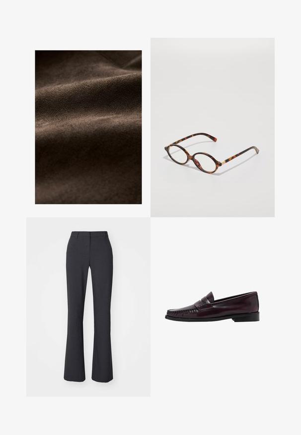 Tissu en daim marron avec une texture douce, présentant de légers plis et une couleur riche et uniforme, adapté à diverses applications textiles.; AllSaints LISA - T-shirt basique - white; Weekday SUITING - Pantalon classique - dark grey; Mocassins penny en cuir marron foncé pour homme avec semelle noire et détails de couture le long des orteils, présentés en profil latéral.; Lunettes en écaille de tortue avec monture ovale, verres transparents et accents dorés. Elles possèdent des branches courbées et une finition lisse et brillante.; Sac à main en cuir marron avec deux longues anses, de forme rectangulaire structurée, texture lisse et bords arrondis. Présente des détails accentués au niveau des poignées.