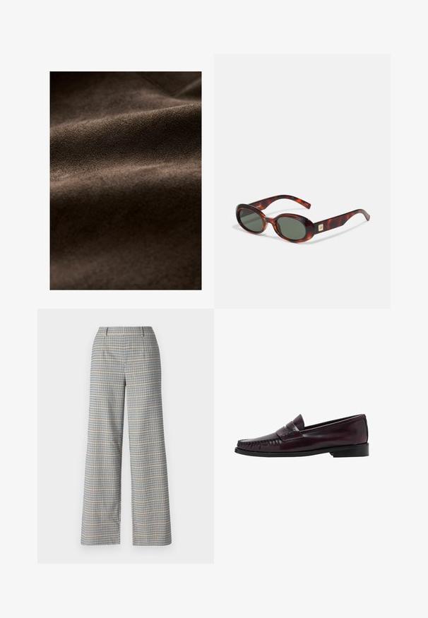 Bruin suède stof met een zachte textuur, gekenmerkt door zachte plooien en een rijke, uniforme kleur, geschikt voor verschillende textieltoepassingen.; AllSaints LISA - T-shirt basic - white; Brede pantalon in een beige, marineblauwe en zwarte ruit. Bevat twee zijzakken en een gladde, gestructureerde stof.; Donkerbruine leren penny loafer voor mannen met een zwarte zool en stiksels langs de neus, weergegeven in zijprofiel.; Schildpadbril met donkere lenzen, ovale vorm en brede armen. Voorzien van een kleine gouden accent aan de zijkant. Glad plastic materiaal.